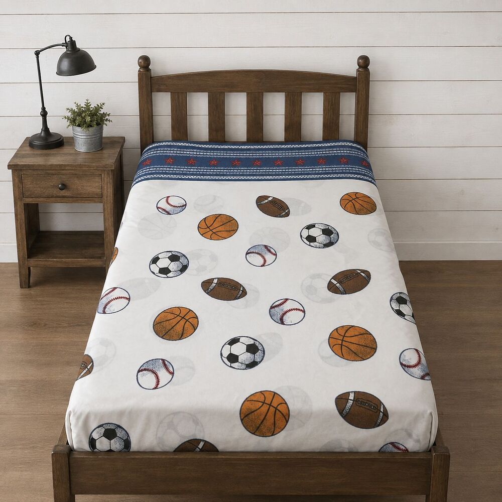 Vintage Sports Themed Twin Flat Sheet 2 Pillowcases Football Soccer Basketball